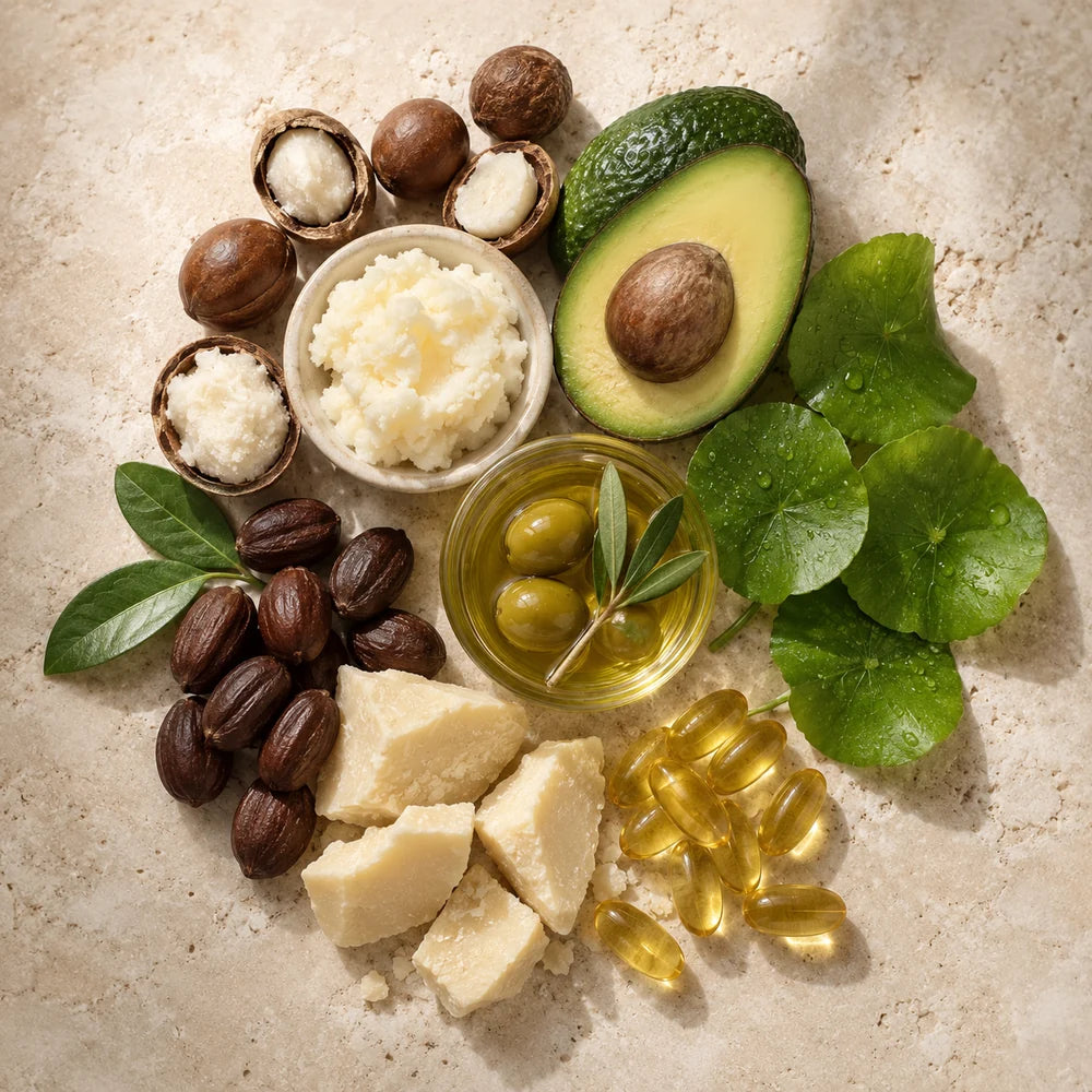 Shea butter, avocado, centella, jojoba, cocoa butter, olive oil and vitamin E